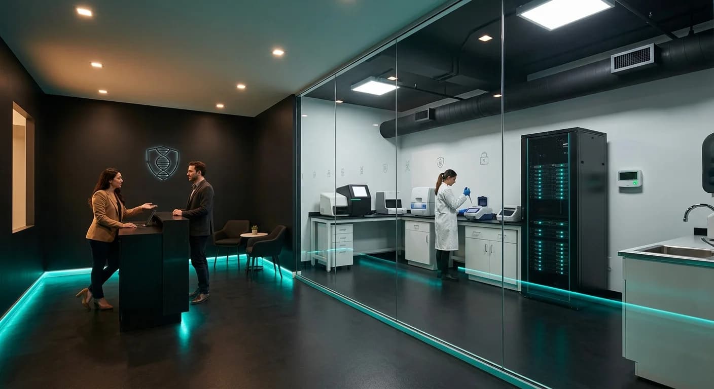 PrivDNA storefront concept — a glass-walled genomics lab in Manhattan with a reception area, lab technician, and server rack visible through the partition